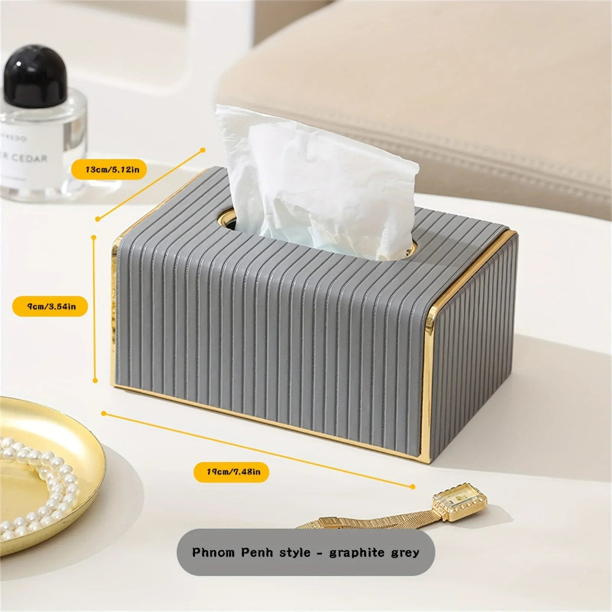 Premium Striped Faux Leather Tissue Box Cover with Golden Accents
