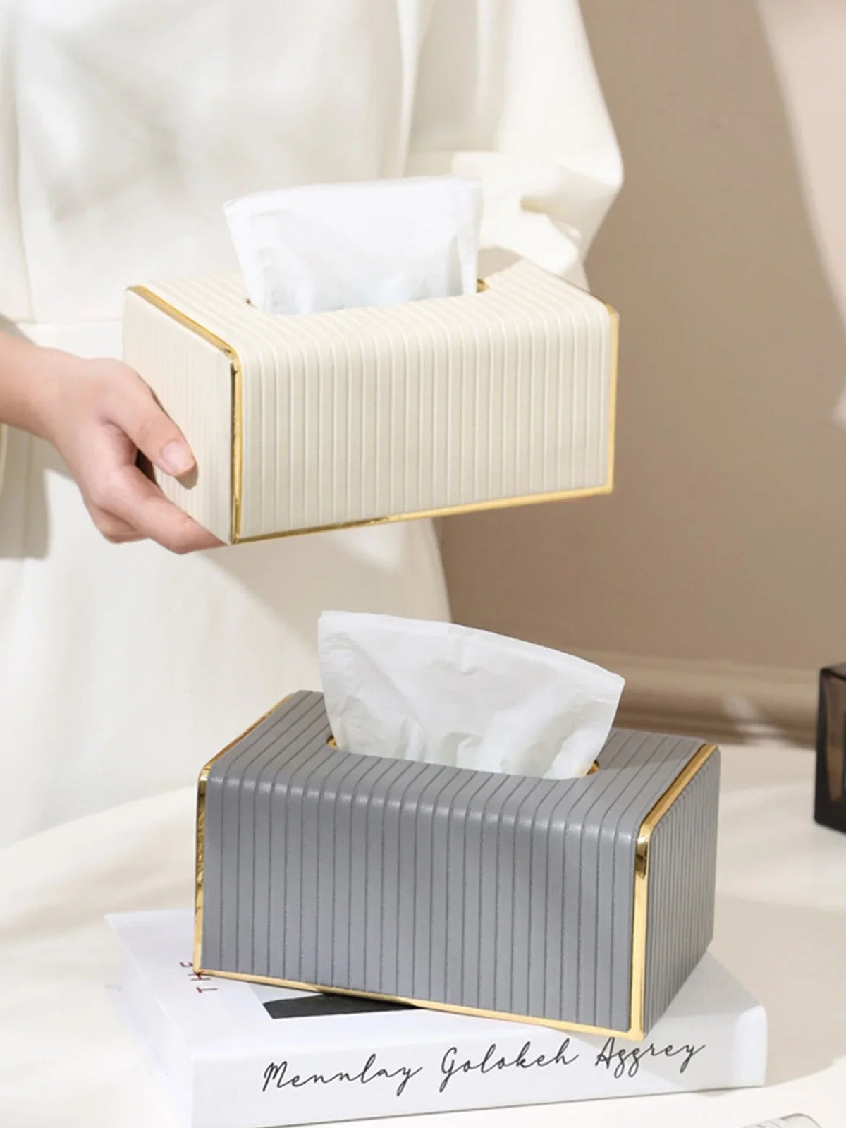 Premium Striped Faux Leather Tissue Box Cover with Golden Accents