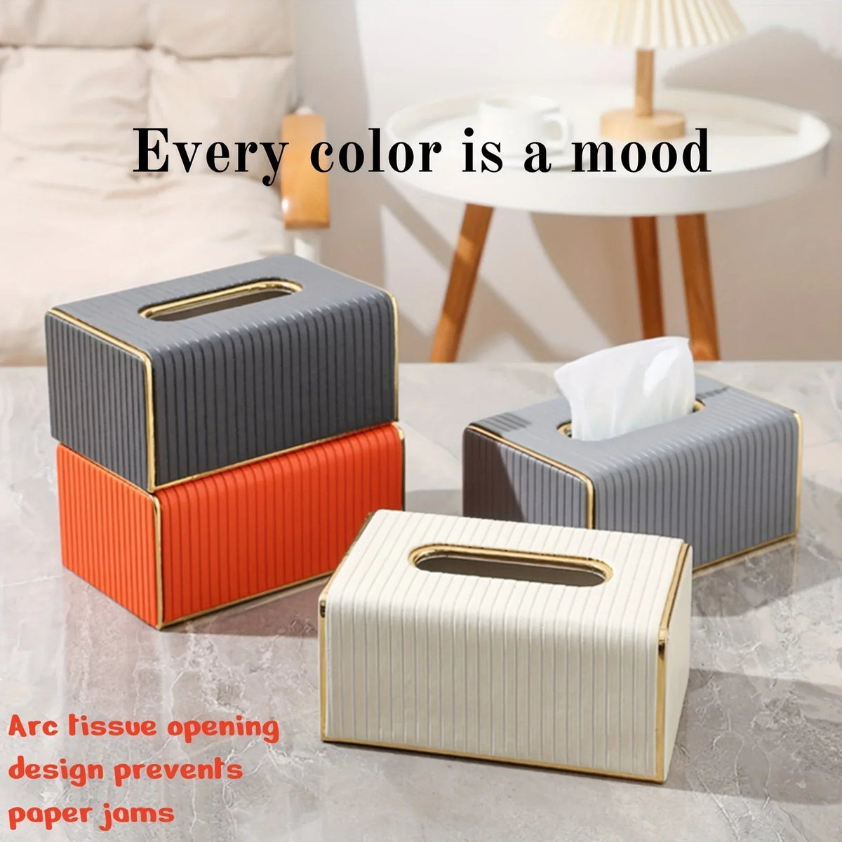 Premium Striped Faux Leather Tissue Box Cover with Golden Accents