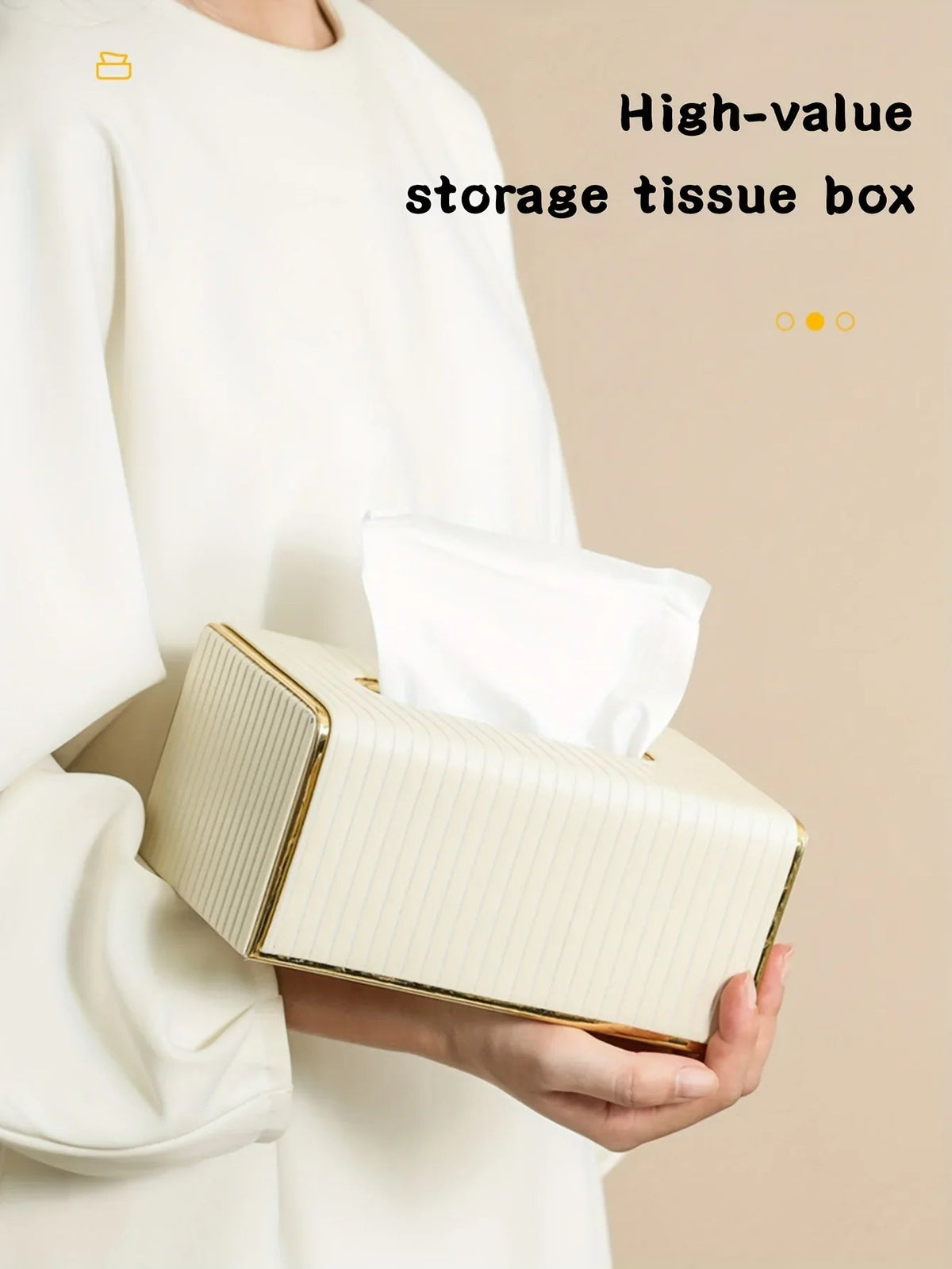 Premium Striped Faux Leather Tissue Box Cover with Golden Accents