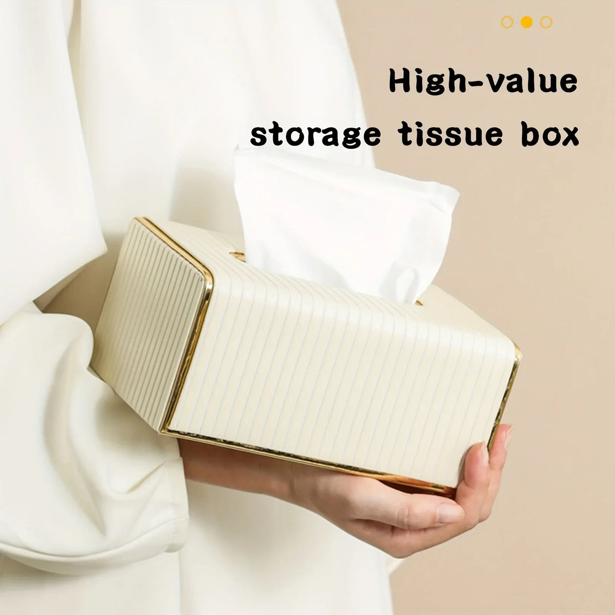 Premium Striped Faux Leather Tissue Box Cover with Golden Accents