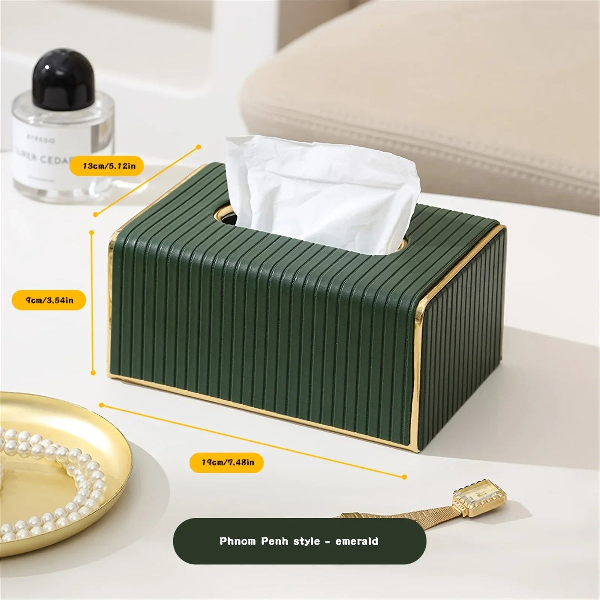 Premium Striped Faux Leather Tissue Box Cover with Golden Accents