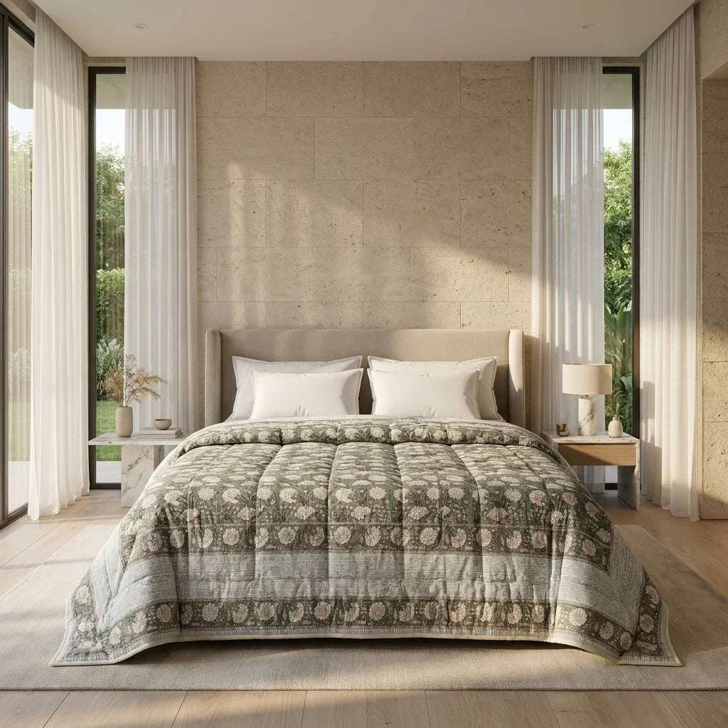 Forest Green Floral Jaipur Indian Hand Block Print Quilted Comforter — House of Avana, view 1 of 6