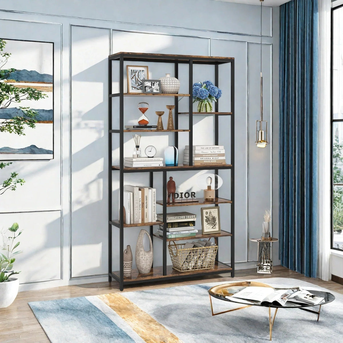 Metal 9-Tier Bookshelf - 79" Tall with Wood Shelves, Natural Wood and Black