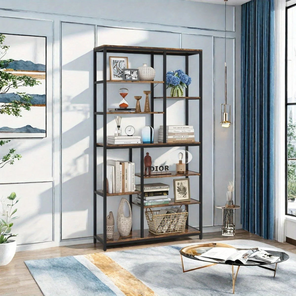 Metal 9-Tier Bookshelf - 79" Tall with Wood Shelves, Natural Wood and Black