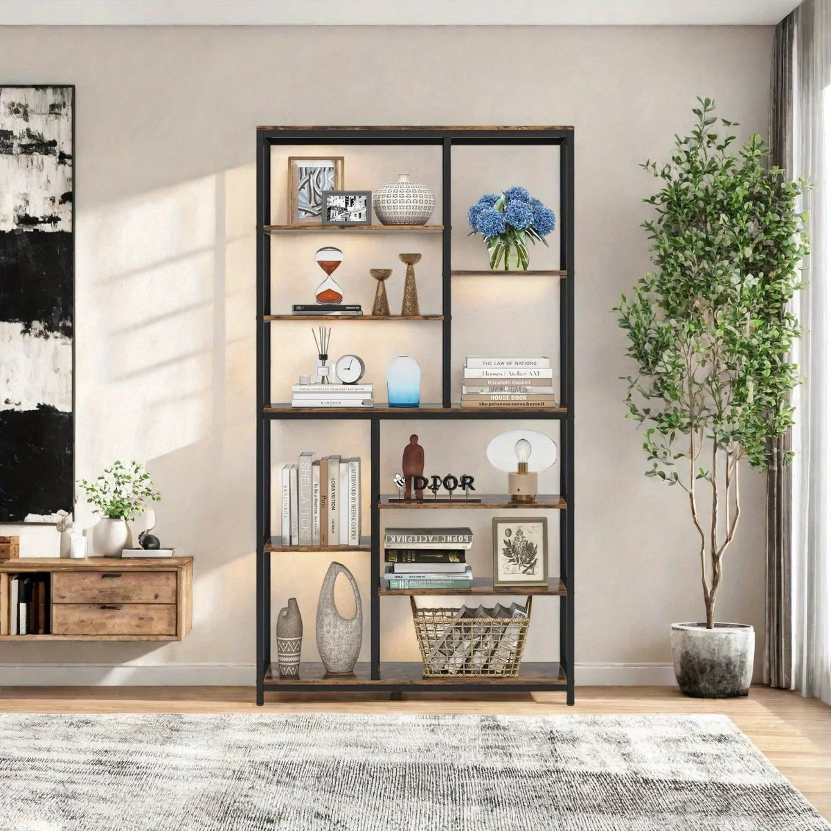 Metal 9-Tier Bookshelf - 79" Tall with Wood Shelves, Natural Wood and Black