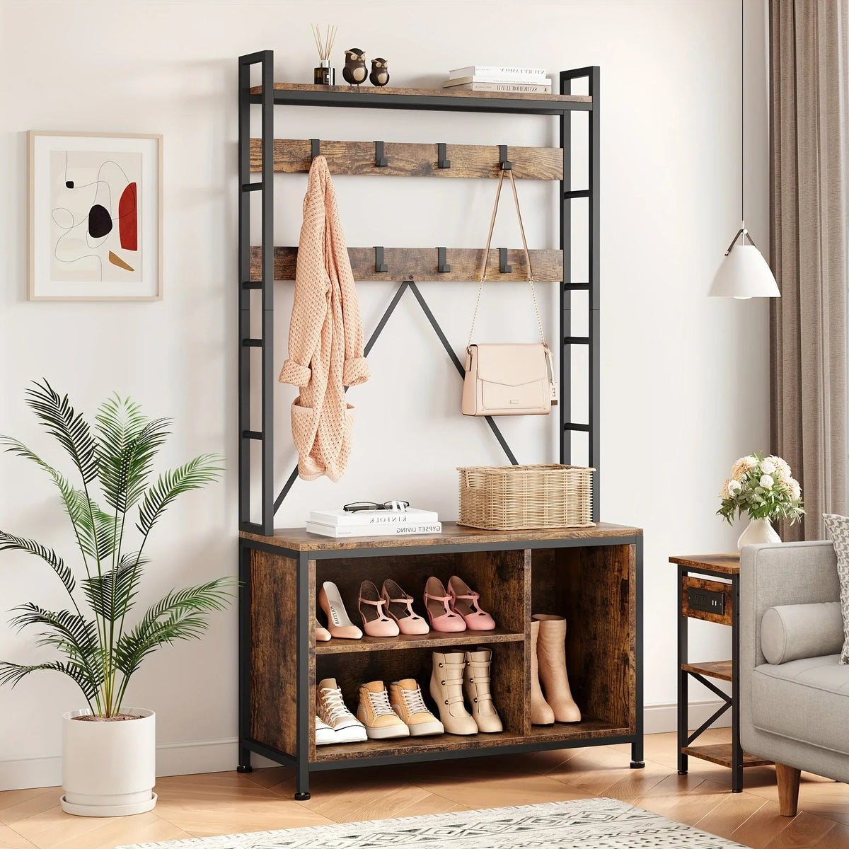 Metal Entryway Organizer with 17 Hooks and Storage Bench
