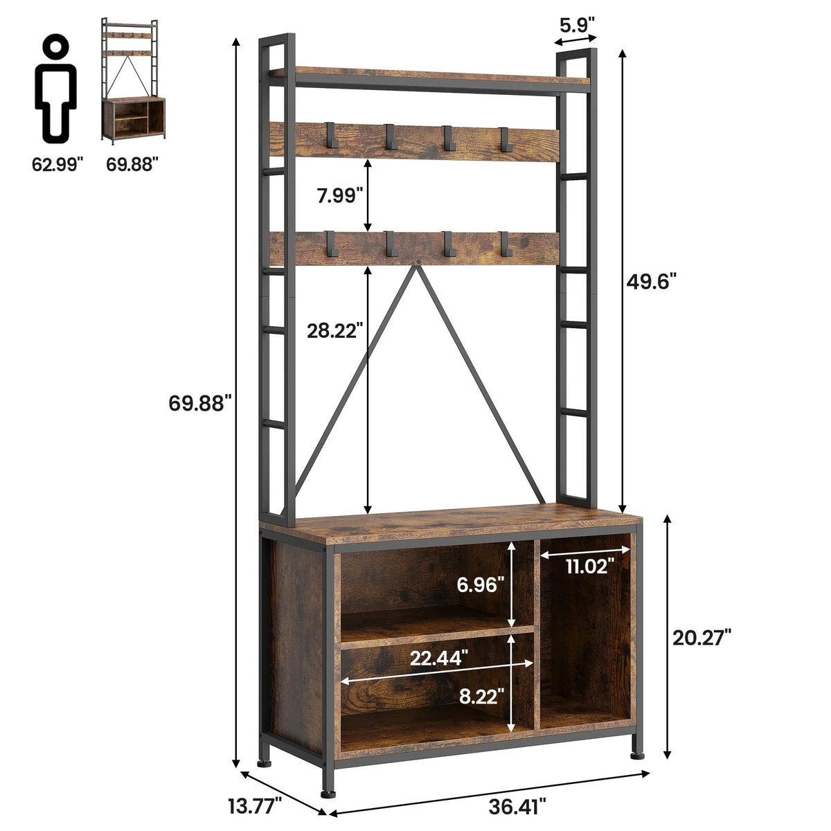Metal Entryway Organizer with 17 Hooks and Storage Bench