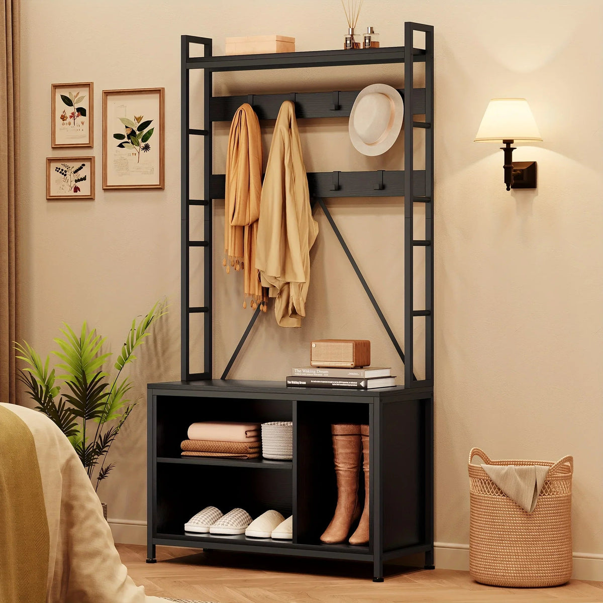 Metal Entryway Organizer with 17 Hooks and Storage Bench