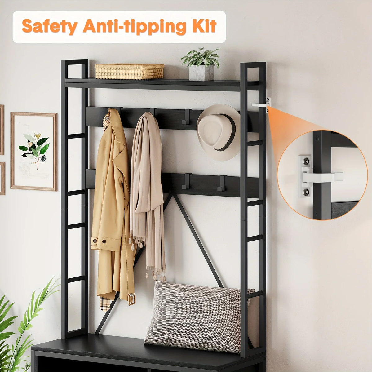 Metal Entryway Organizer with 17 Hooks and Storage Bench