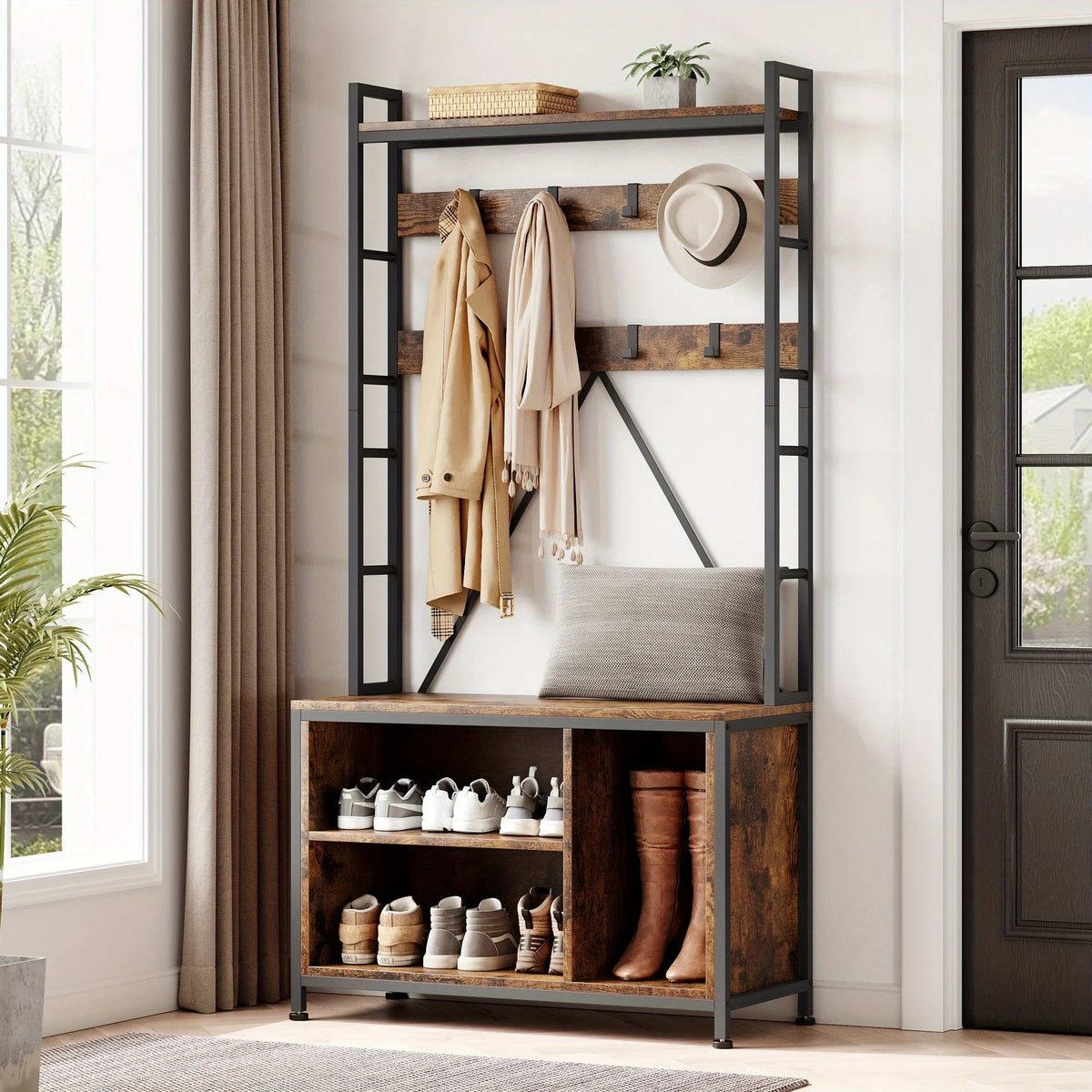 Metal Entryway Organizer with 17 Hooks and Storage Bench