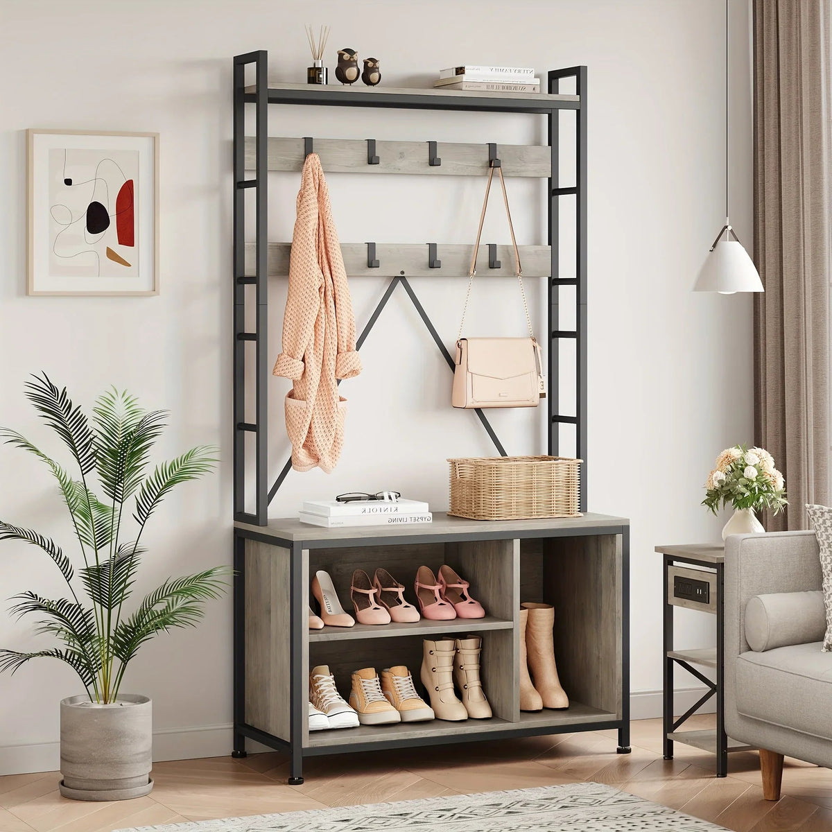 Metal Entryway Organizer with 17 Hooks and Storage Bench