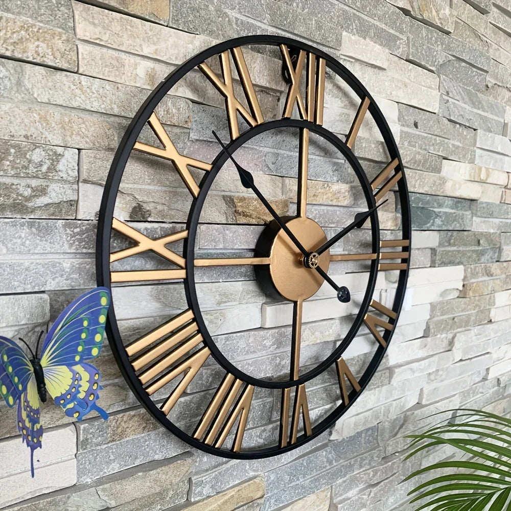 Metal Wall Clock with Roman Numerals, Silent Non-Ticking Mechanism for Home and Office Decor