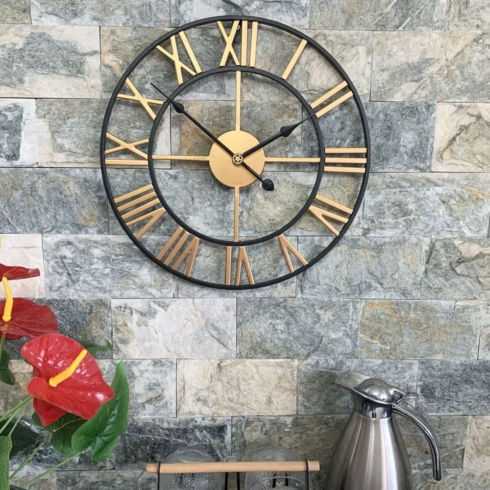 Metal Wall Clock with Roman Numerals, Silent Non-Ticking Mechanism for Home and Office Decor