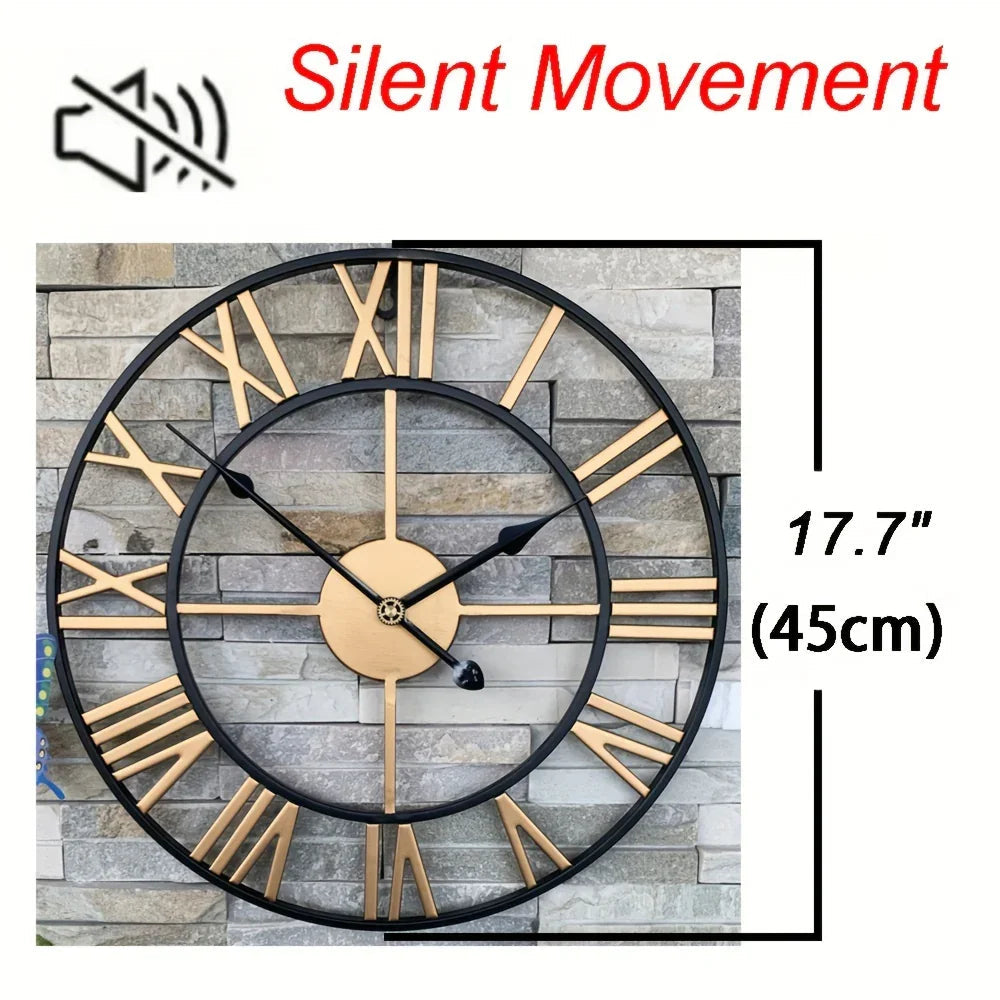 Metal Wall Clock with Roman Numerals, Silent Non-Ticking Mechanism for Home and Office Decor