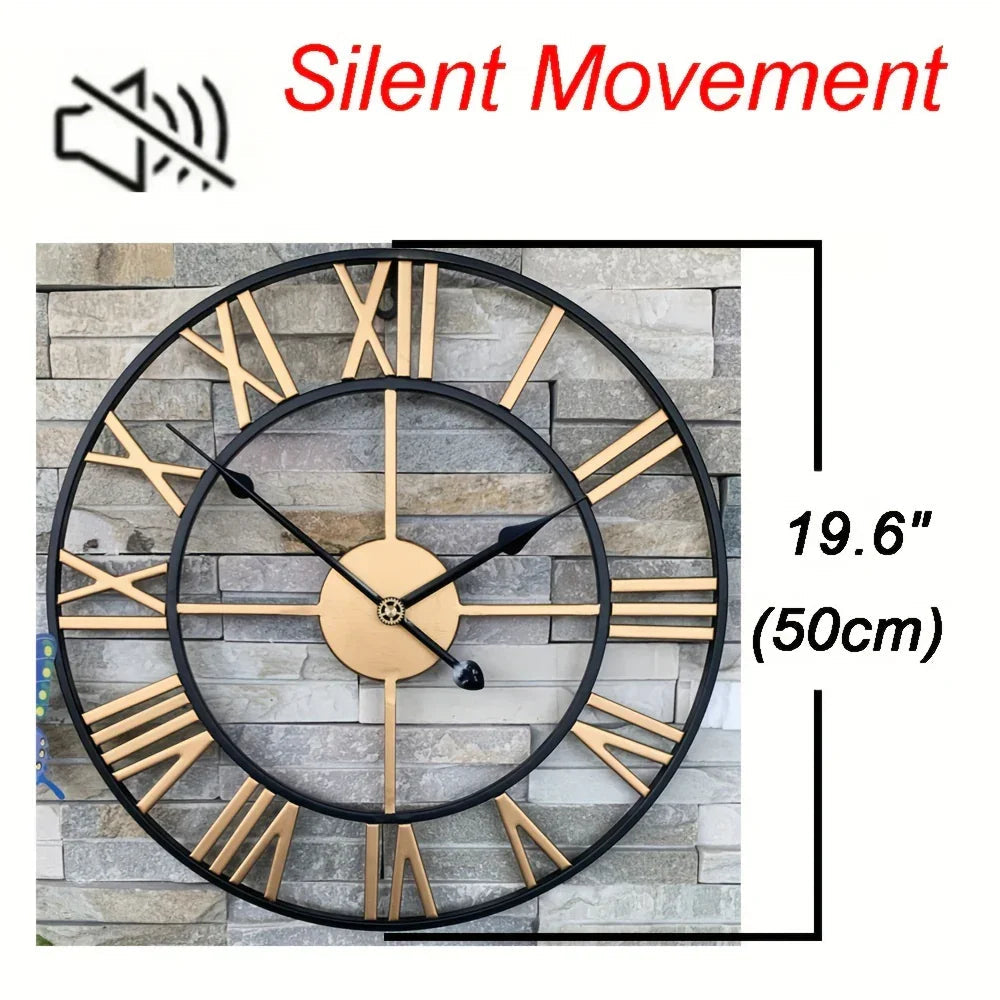Metal Wall Clock with Roman Numerals, Silent Non-Ticking Mechanism for Home and Office Decor