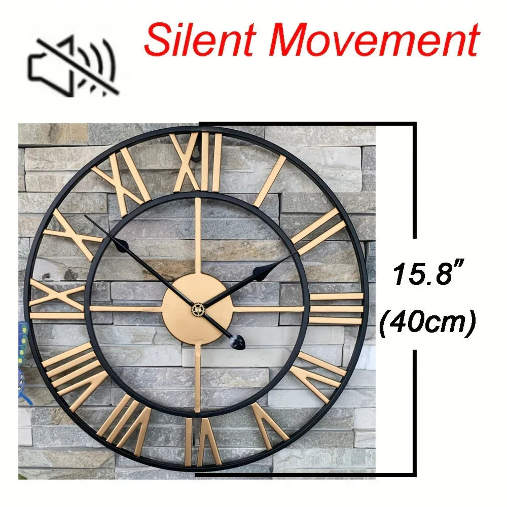 Metal Wall Clock with Roman Numerals, Silent Non-Ticking Mechanism for Home and Office Decor
