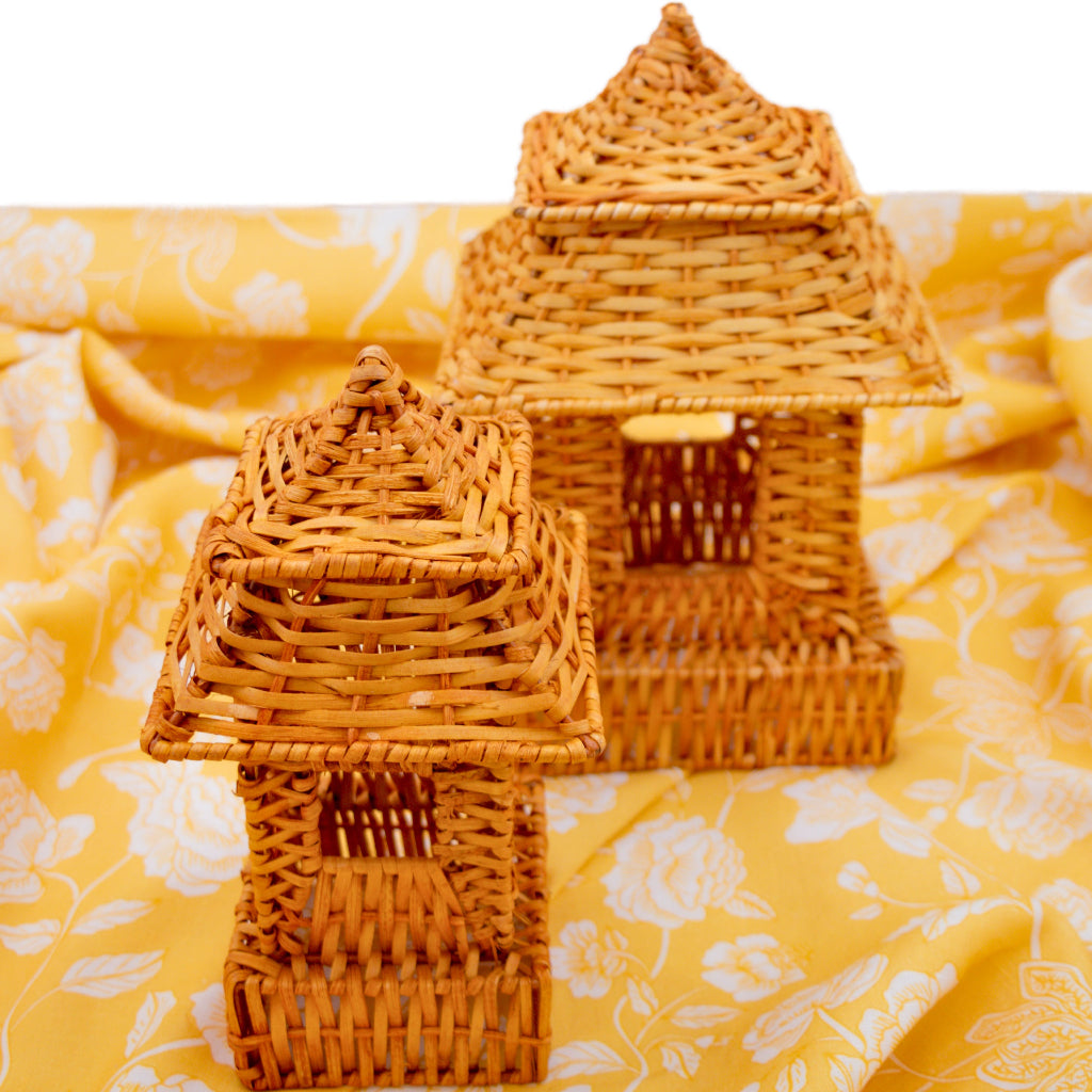 Natural Rattan Pagoda Lantern Set - 1 Large & 1 Small