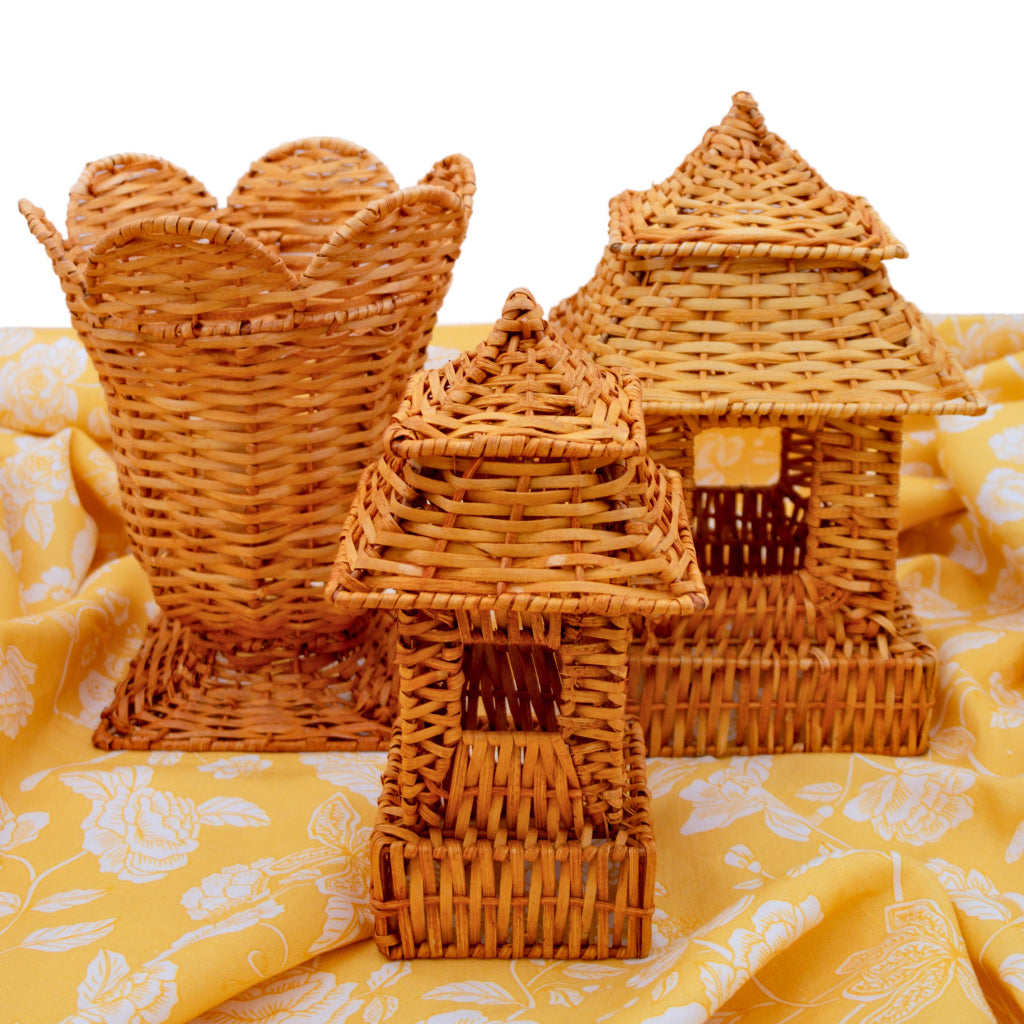 Natural Rattan Pagoda Lantern Set - 1 Large & 1 Small