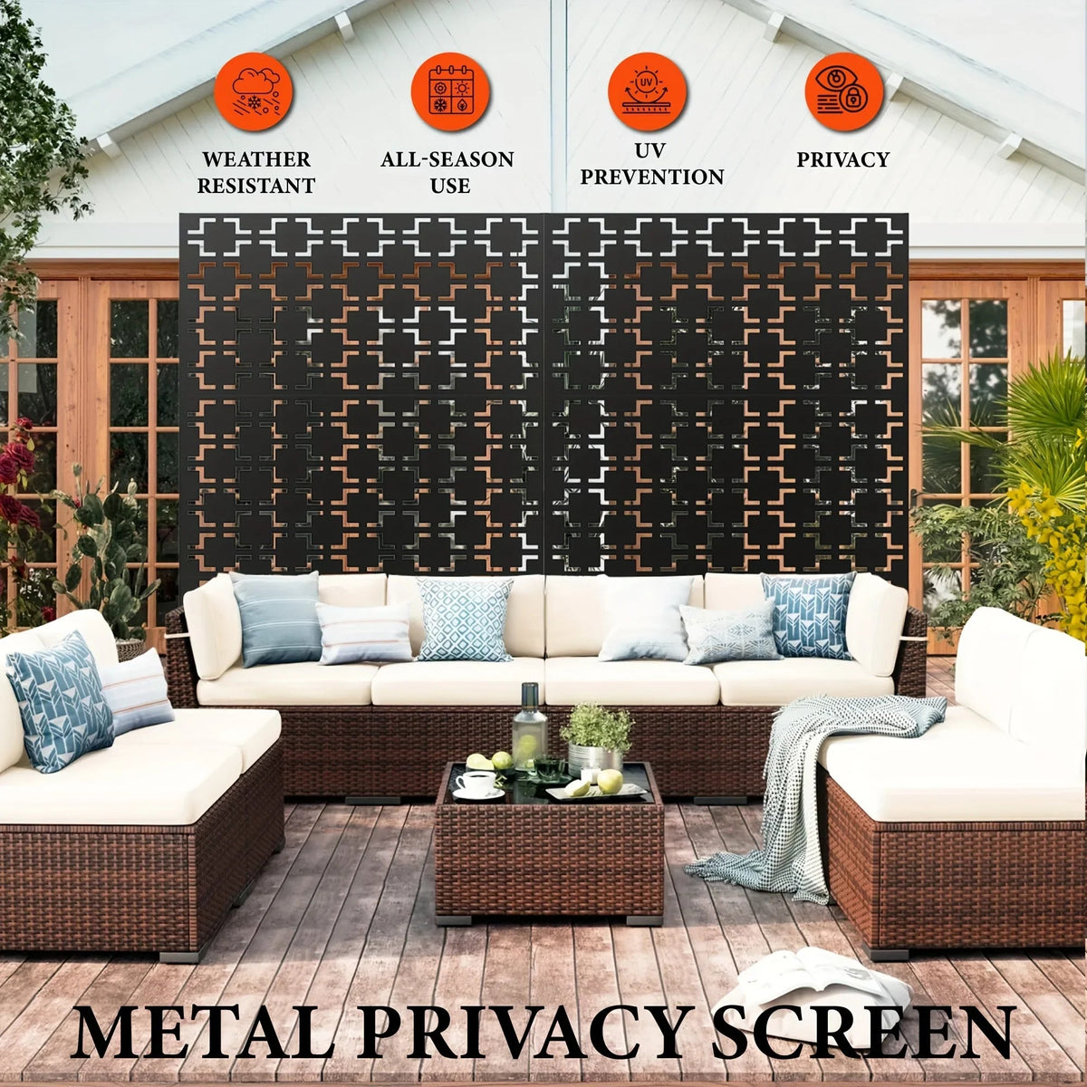 Outdoor Metal Privacy Screen 182.88cm H x 119.38cm W Freestanding Fence & Room Divider with Stand - Heavy-Duty Modern Design, Weather-Resistant Metal Panels with Pattern, Easy Assembly for Patio, Garden, Deck, Balcony, Lawn -
