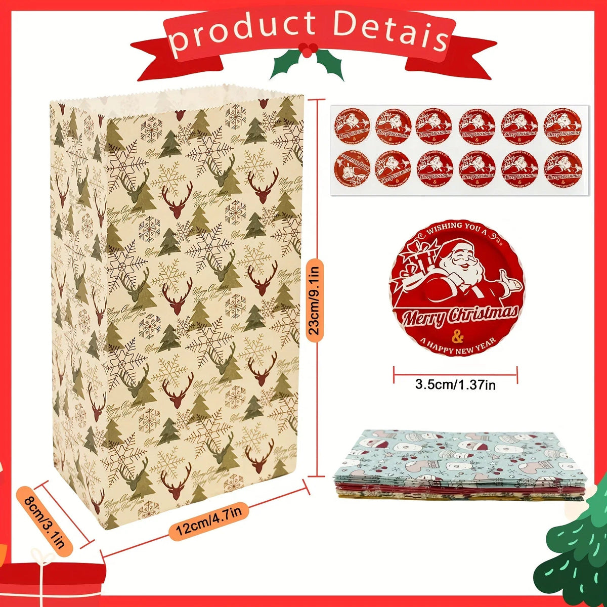 Paper Gift Bags with Red Sealing Stickers, 24pcs Set of Christmas Snowflake Designs