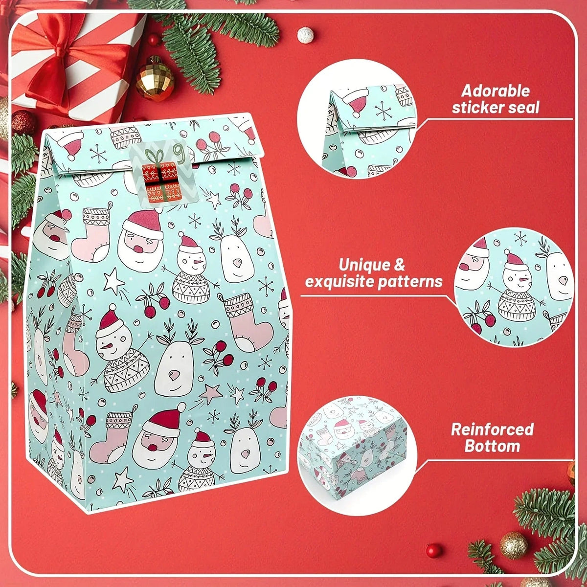 Paper Gift Bags with Red Sealing Stickers, 24pcs Set of Christmas Snowflake Designs