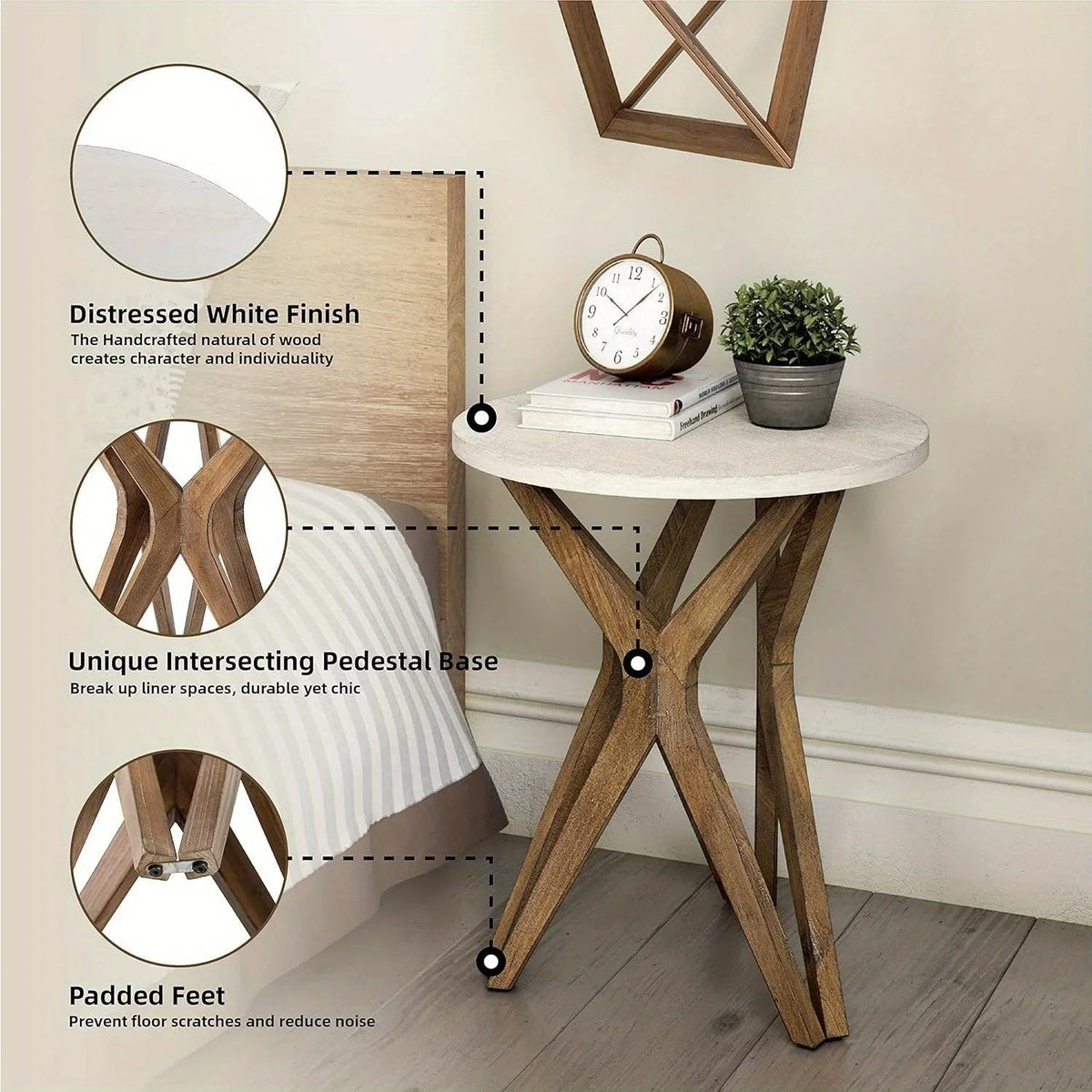 Pedestal Farmhouse End Table Set of 2, White Round End Table, Distressed White Top with Tripod Base for Modern Farmhouse, Boho Decor, Round