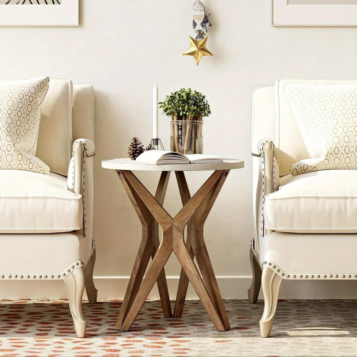 Pedestal Farmhouse End Table Set of 2, White Round End Table, Distressed White Top with Tripod Base for Modern Farmhouse, Boho Decor, Round