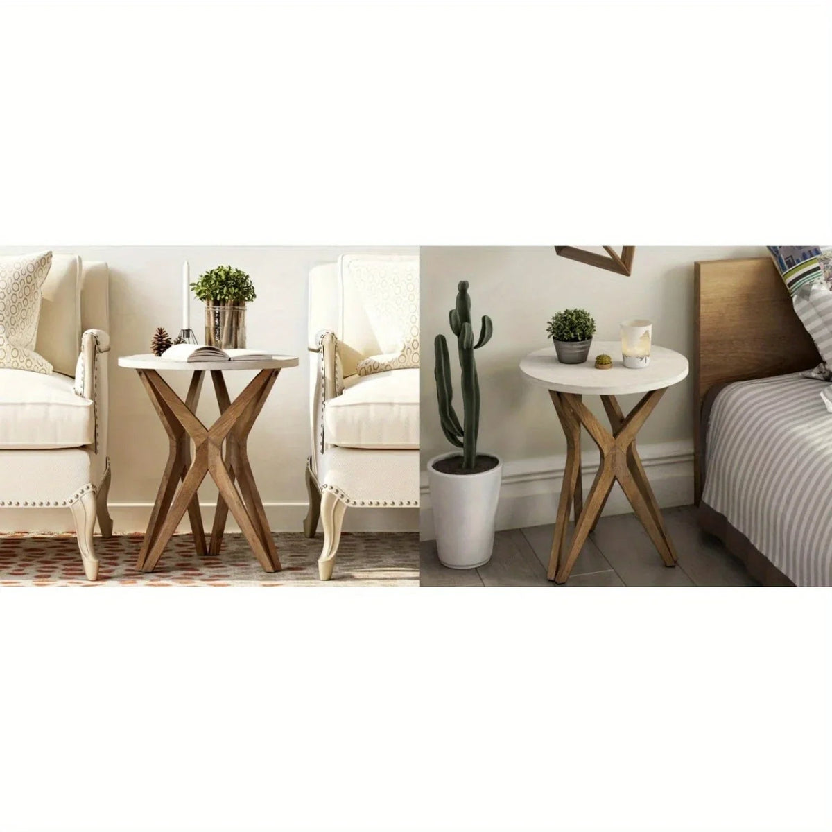 Pedestal Farmhouse End Table Set of 2, White Round End Table, Distressed White Top with Tripod Base for Modern Farmhouse, Boho Decor, Round