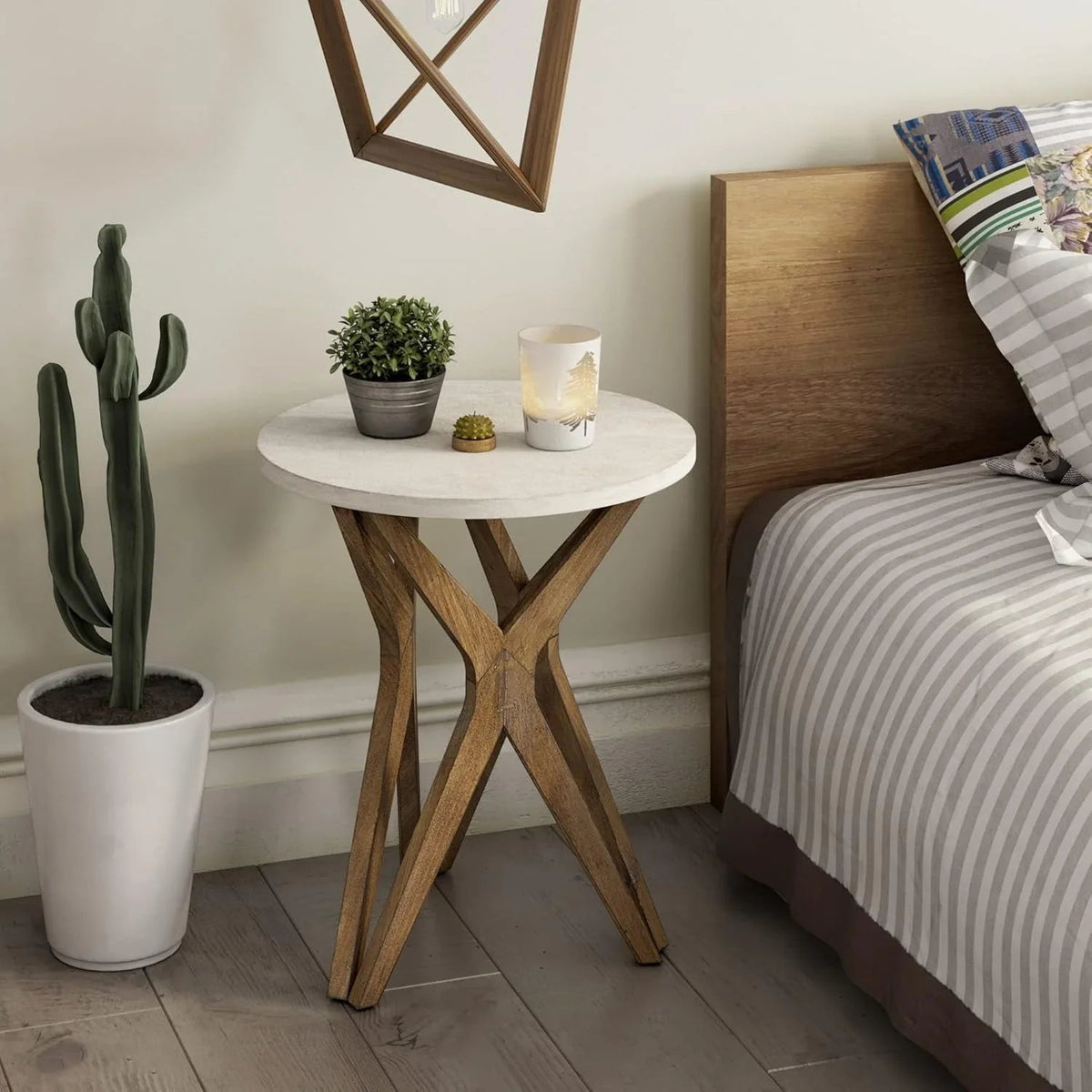 Pedestal Farmhouse End Table Set of 2, White Round End Table, Distressed White Top with Tripod Base for Modern Farmhouse, Boho Decor, Round