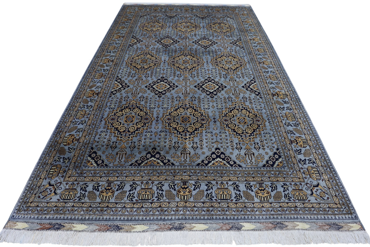 Afghan Rug 7x10 | Gray, Gold & Navy | Hand-Knotted Wool - Rugistan, view 2