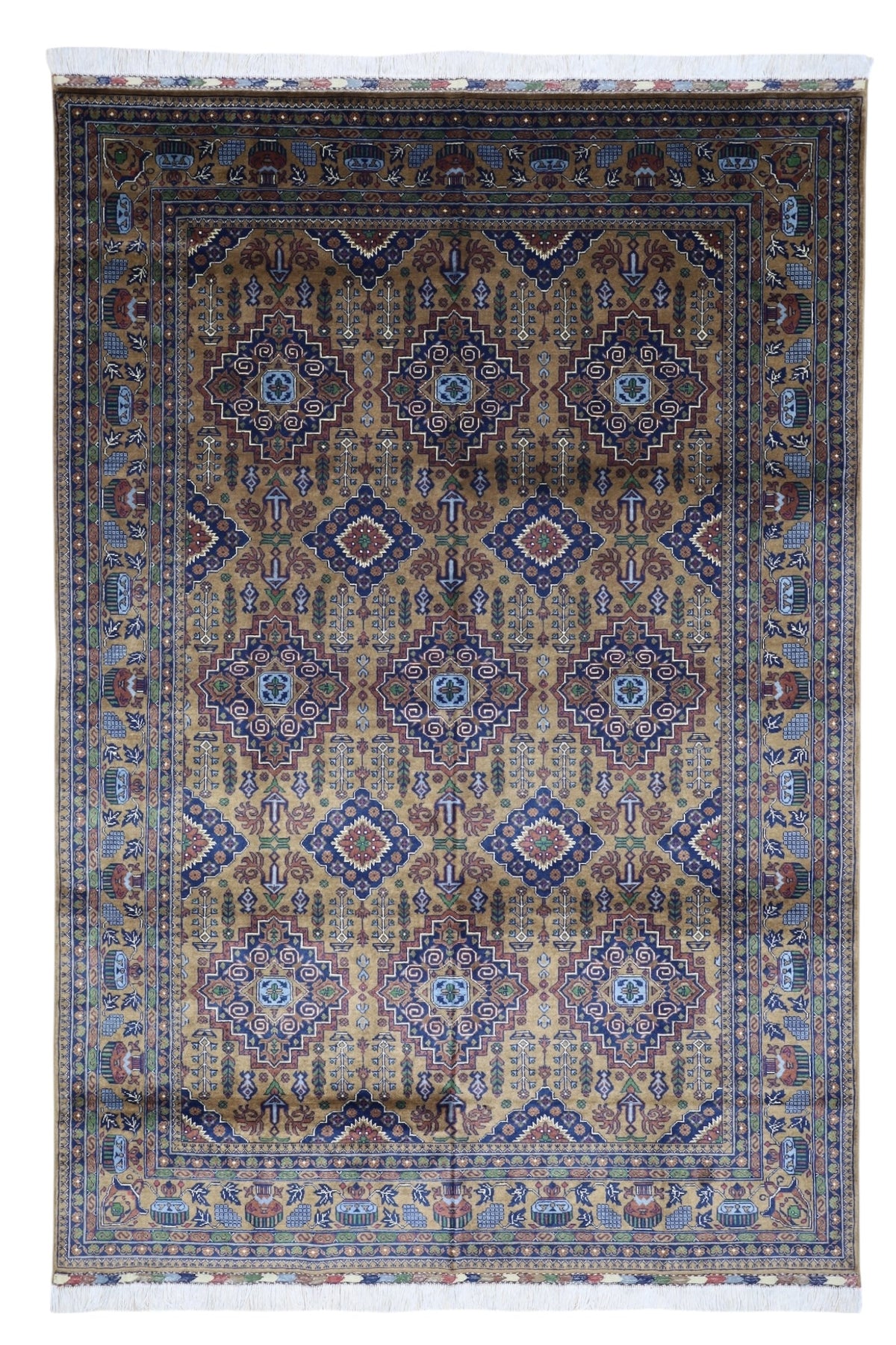 Afghan Rug 7x10 | Gold, Navy & Brown | Hand-Knotted Wool - Rugistan