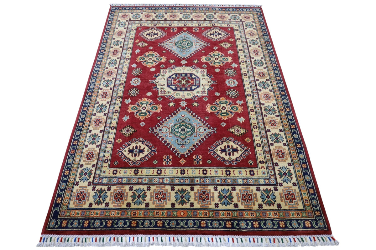Afghan Kazak Medallion Rug 5x7 | Red, Ivory, Light Blue & Navy | Hand-Knotted Wool - Rugistan, view 3