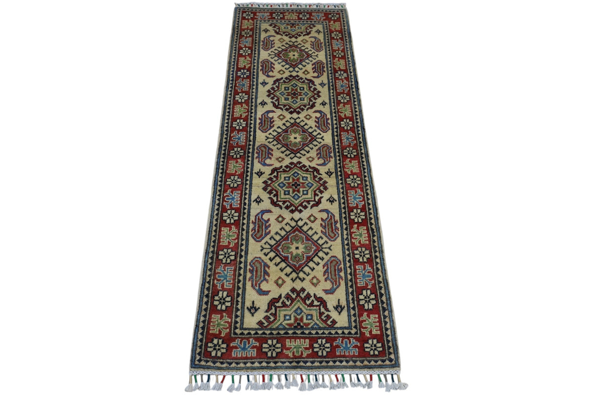 Afghan Kazak Medallion Runner 2x6 | Ivory, Red, Navy & Blue | Hand-Knotted Wool - Rugistan, view 2