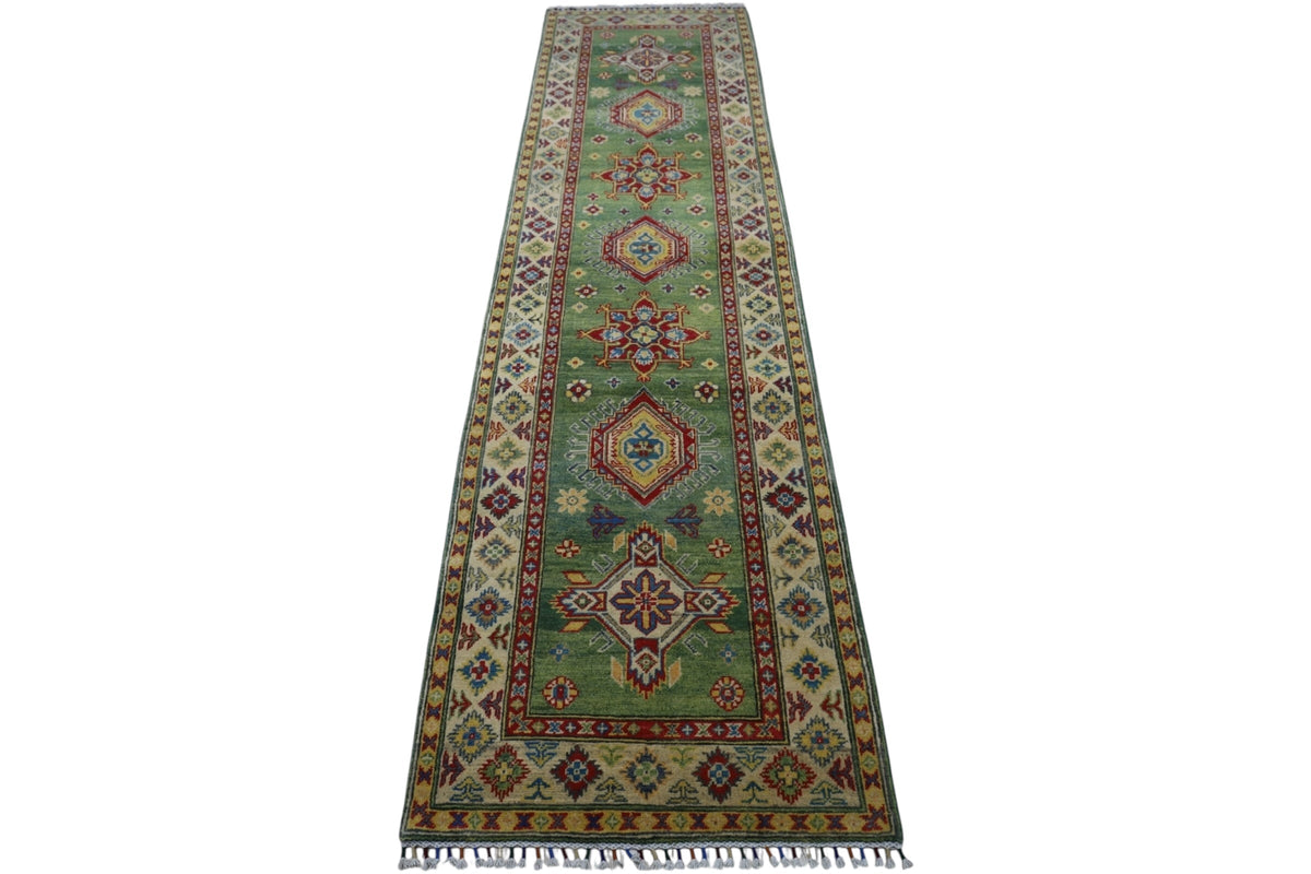Afghan Kazak Runner 3x10 | Green, Gold & Red | Hand-Knotted Wool - Rugistan, view 3