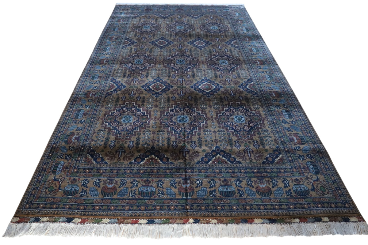Afghan Rug 7x10 | Gold, Navy & Brown | Hand-Knotted Wool - Rugistan, view 2