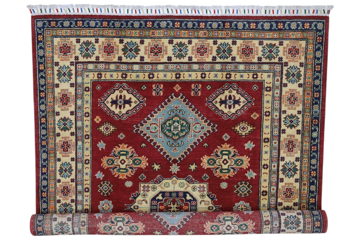 Afghan Kazak Medallion Rug 5x7 | Red, Ivory, Light Blue & Navy | Hand-Knotted Wool - Rugistan, view 7