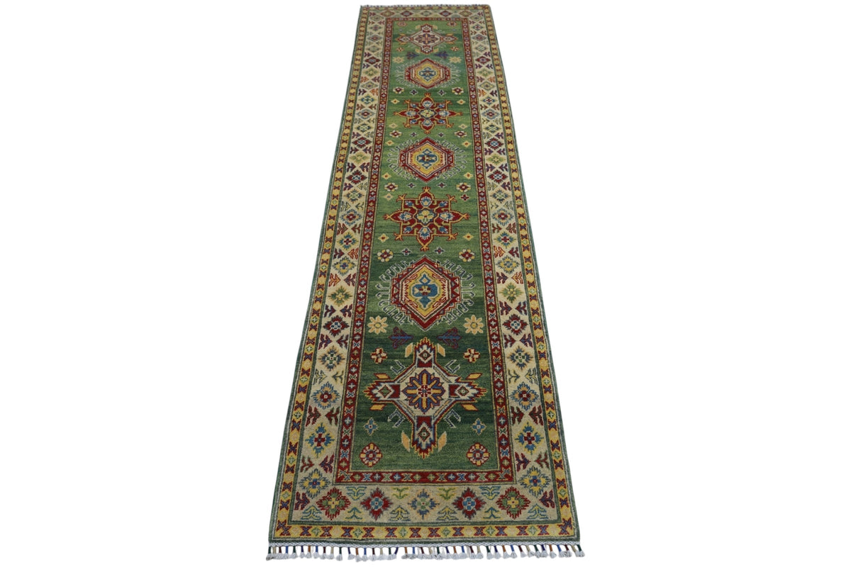 Afghan Kazak Runner 3x10 | Green, Gold & Red | Hand-Knotted Wool - Rugistan, view 2