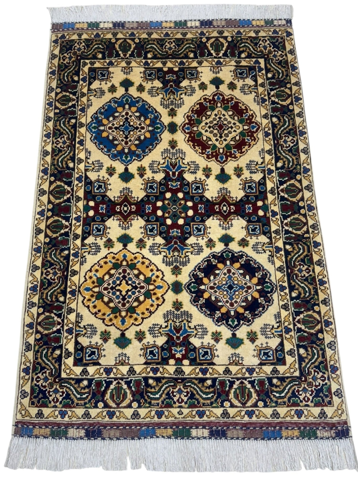Afghan Rug 3x4 | Ivory, Navy & Blue | Hand-Knotted Wool - Rugistan, view 2