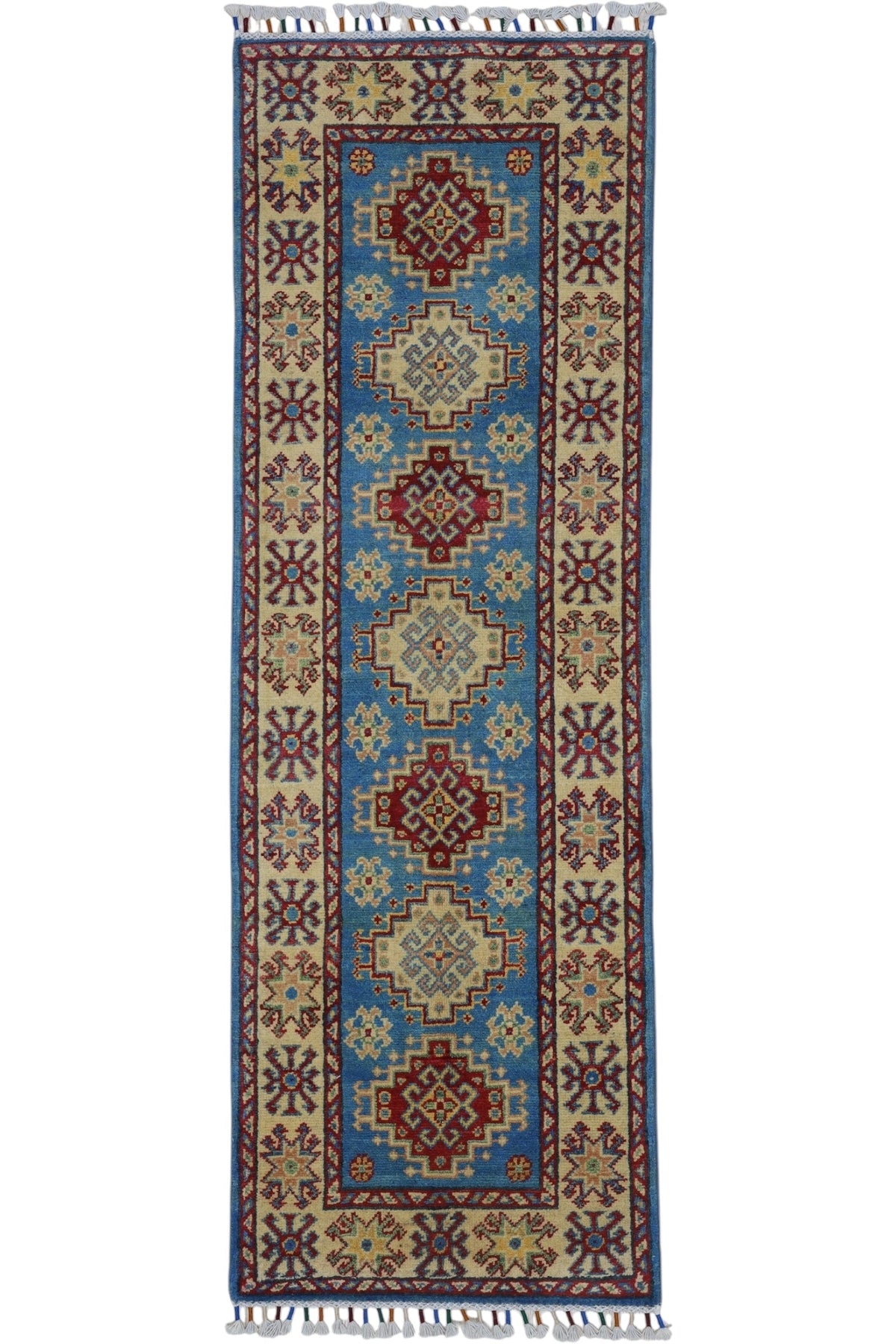 Afghan Kazak Runner 2x6 | Blue, Gold & Red | Hand-Knotted Wool - Rugistan