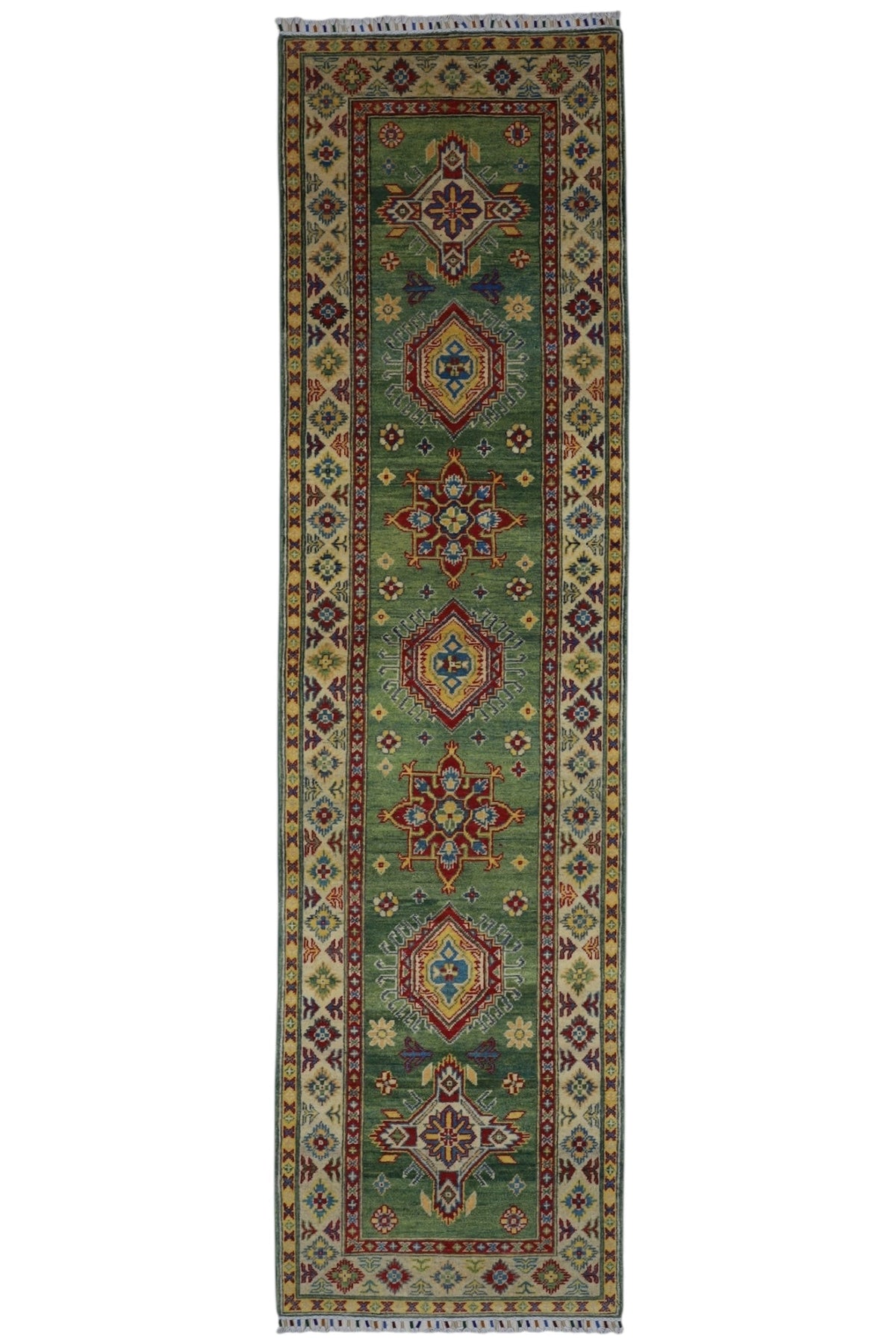 Afghan Kazak Runner 3x10 | Green, Gold & Red | Hand-Knotted Wool - Rugistan