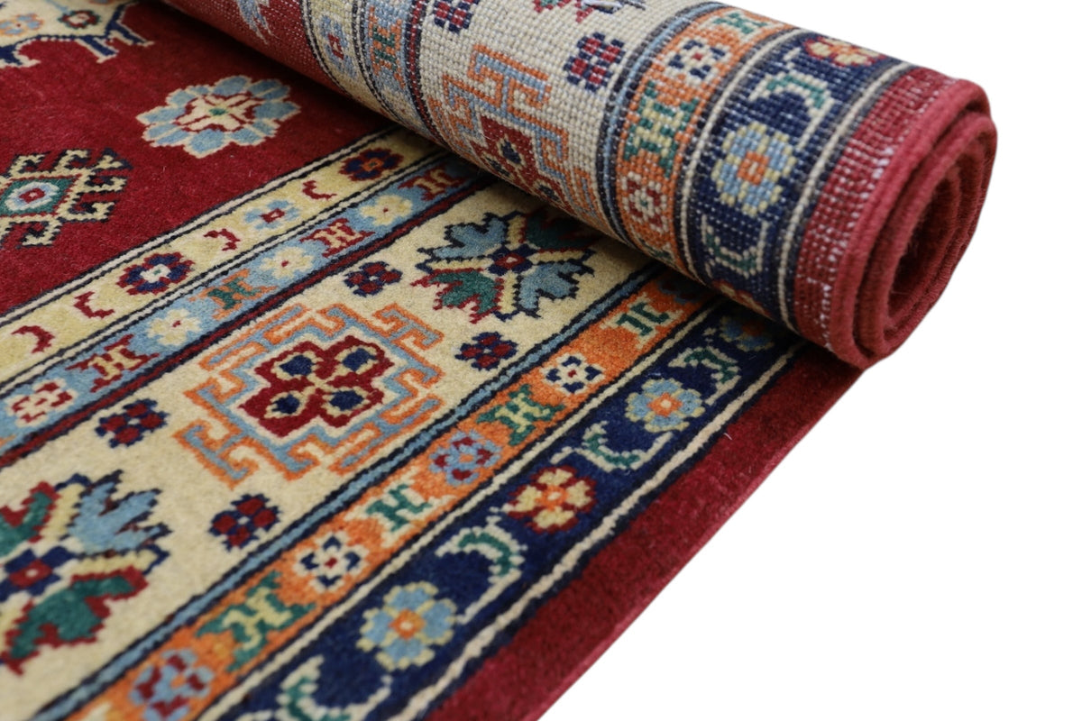 Afghan Kazak Medallion Rug 5x7 | Red, Ivory, Light Blue & Navy | Hand-Knotted Wool - Rugistan, view 6