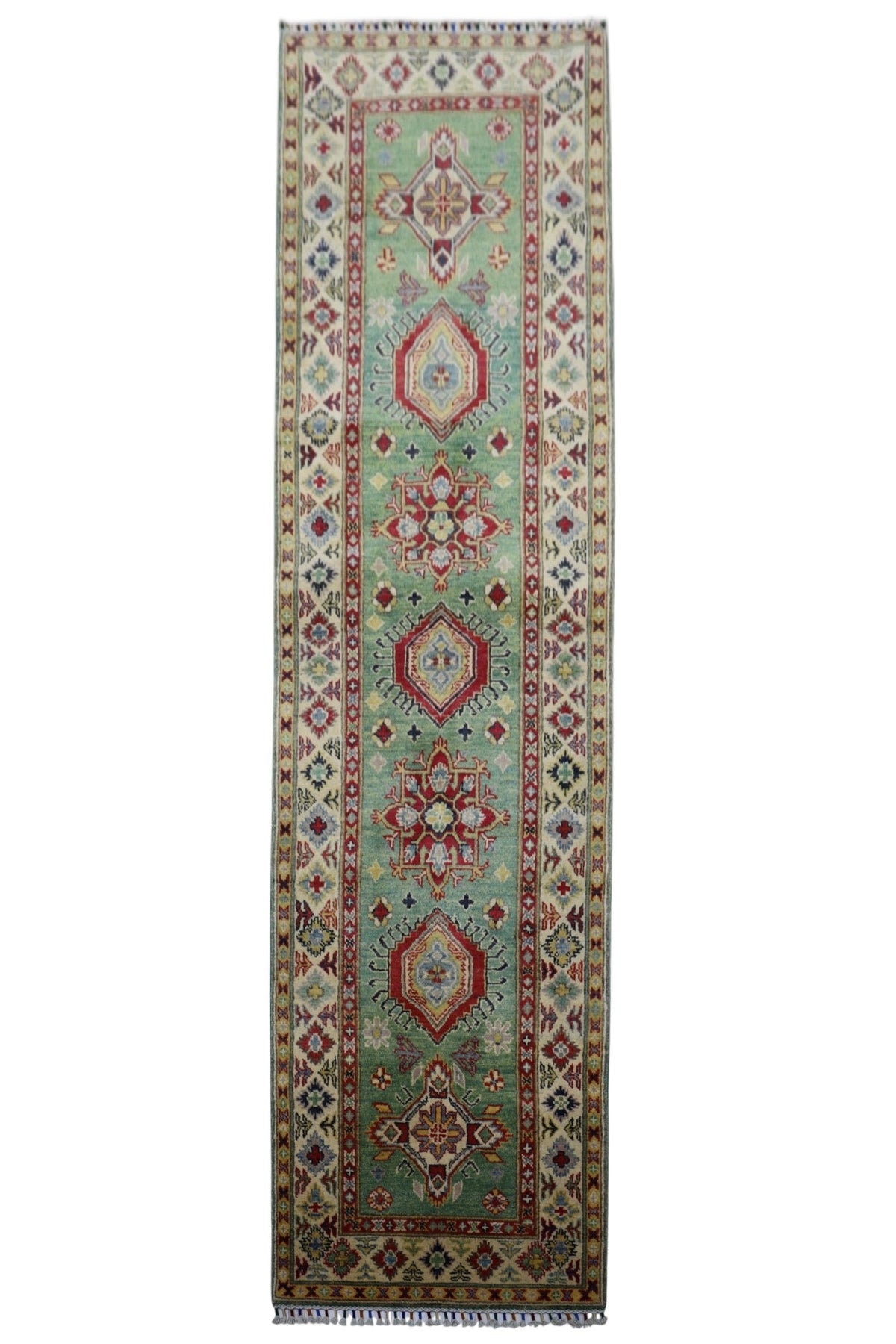 Afghan Kazak Runner 3x9 | Green, Ivory & Red | Hand-Knotted Wool - Rugistan