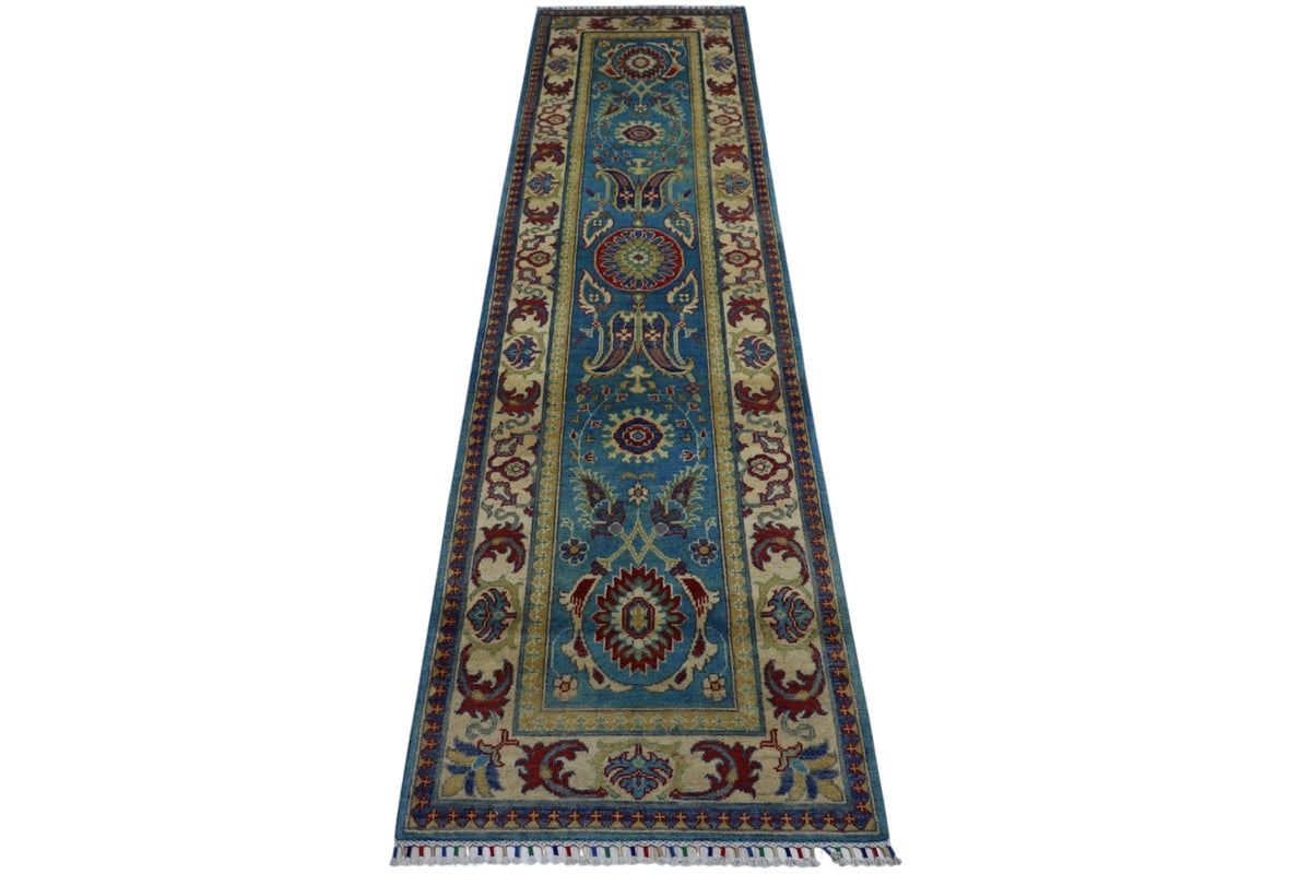 Afghan Kazak Runner 3x10 | Light Blue, Gold & Red | Hand-Knotted Wool - Rugistan, view 3