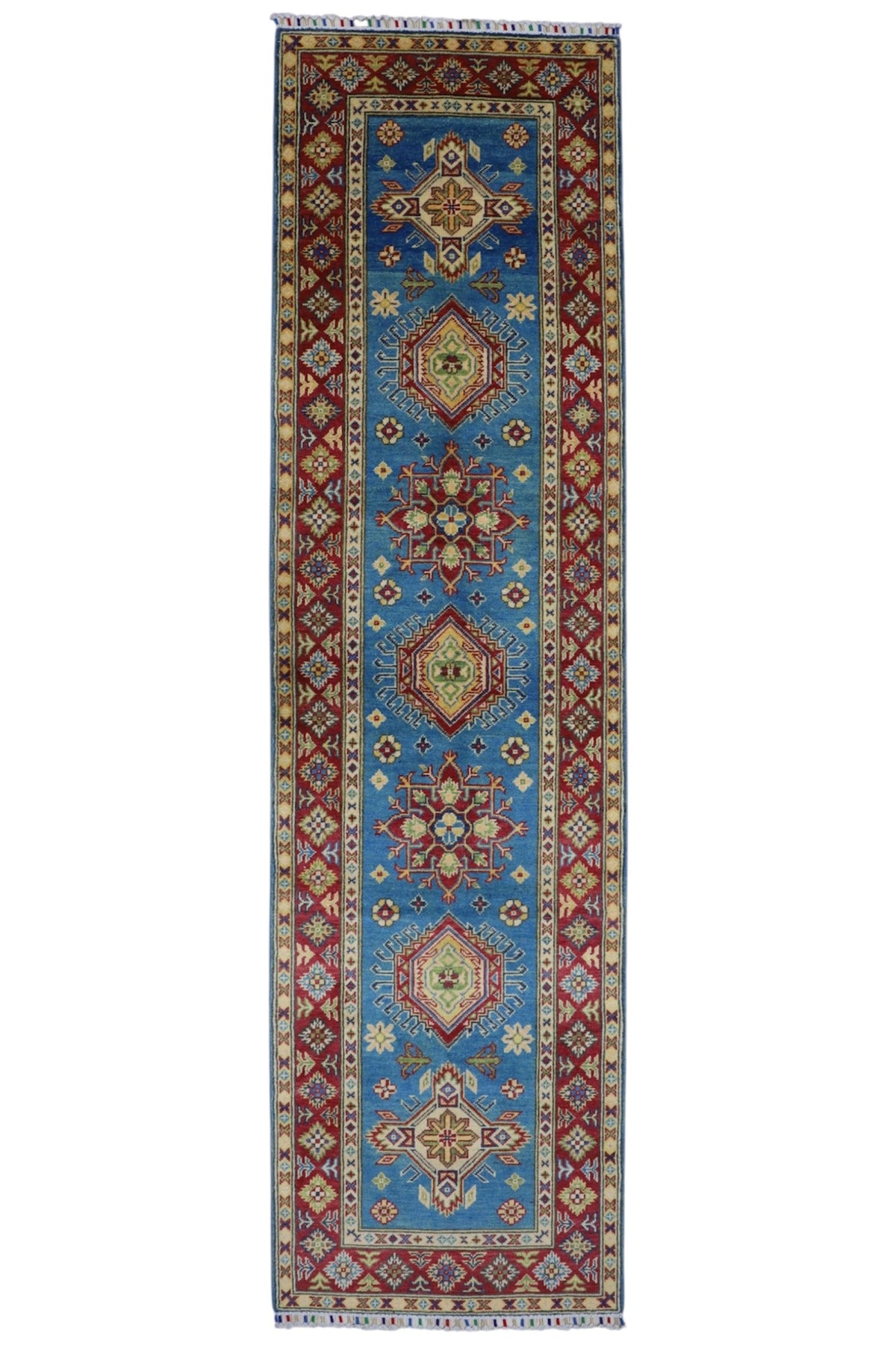 Afghan Kazak Medallion Runner 3x10 | Light Blue, Red, Gold & Ivory | Hand-Knotted Wool - Rugistan
