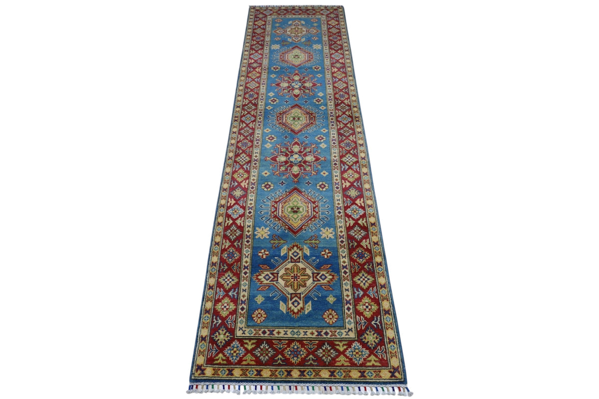 Afghan Kazak Medallion Runner 3x10 | Light Blue, Red, Gold & Ivory | Hand-Knotted Wool - Rugistan, view 2