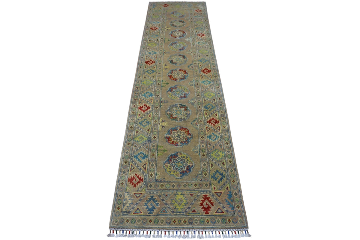 Afghan Kazak Runner 3x10 | Olive Green, Gray & Red | Hand-Knotted Wool - Rugistan, view 3