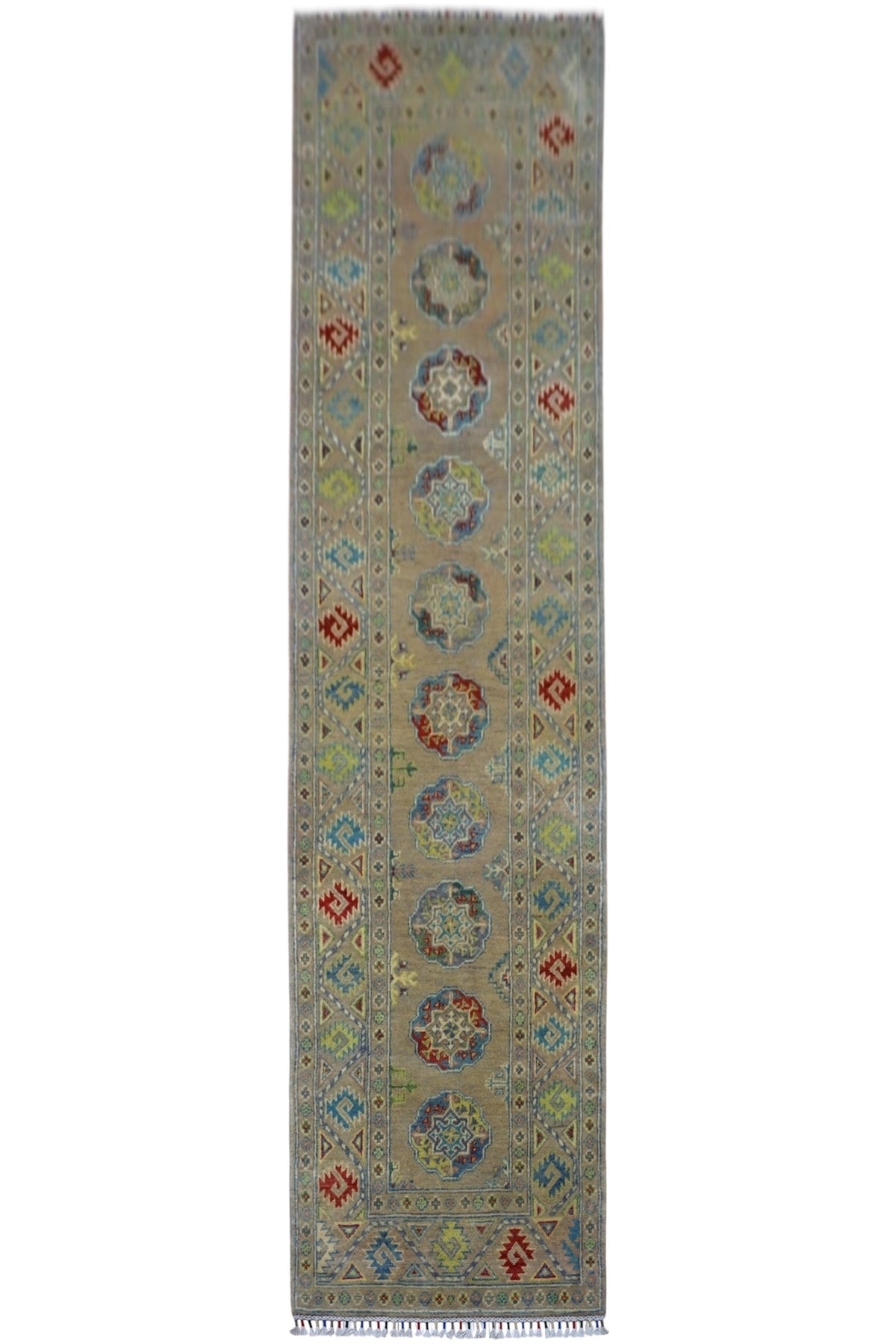 Afghan Kazak Runner 3x10 | Olive Green, Gray & Red | Hand-Knotted Wool - Rugistan