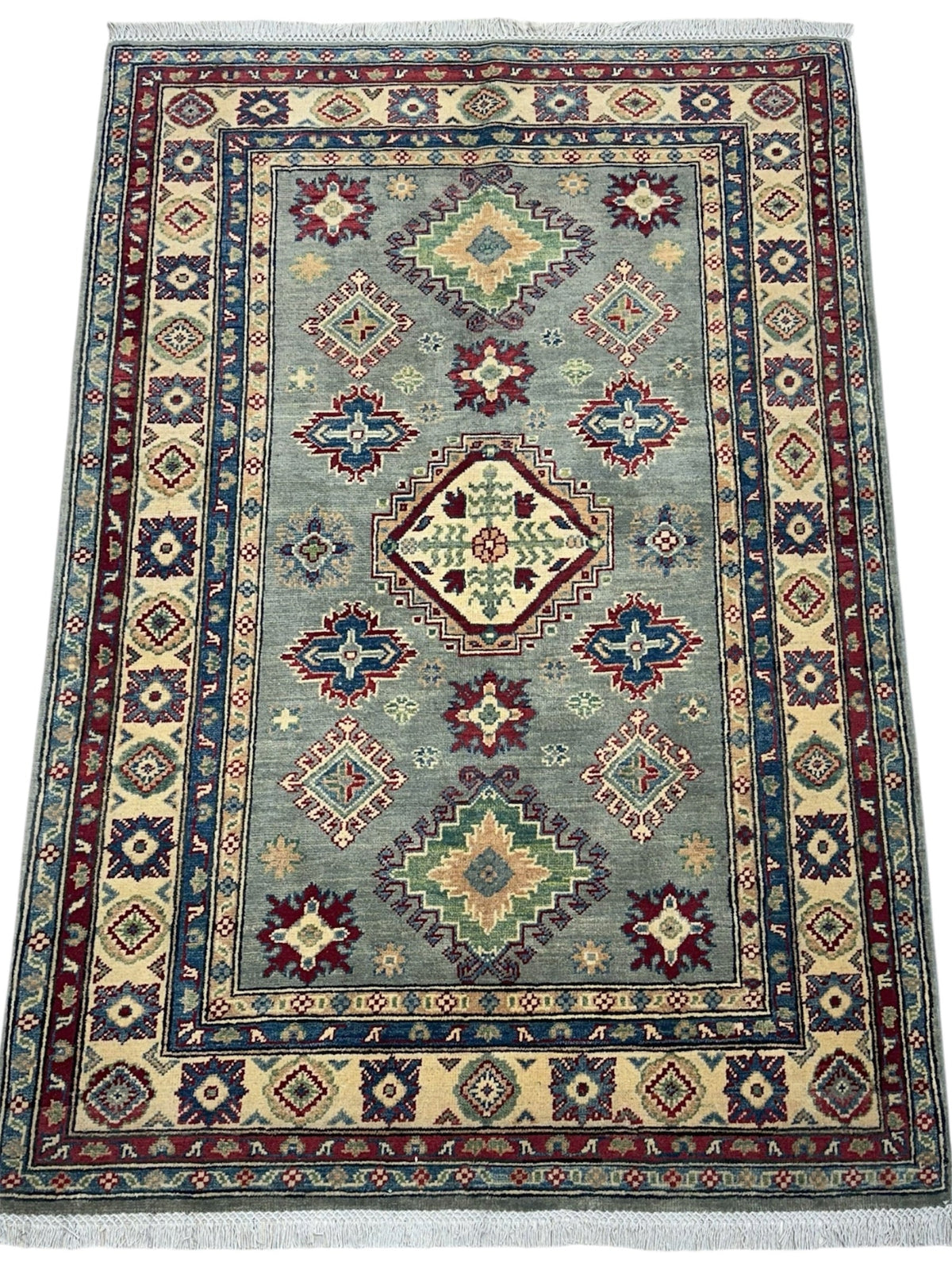 Afghan Kazak Rug 4x6 | Gray, Ivory & Burgundy | Hand-Knotted Wool - Rugistan, view 3