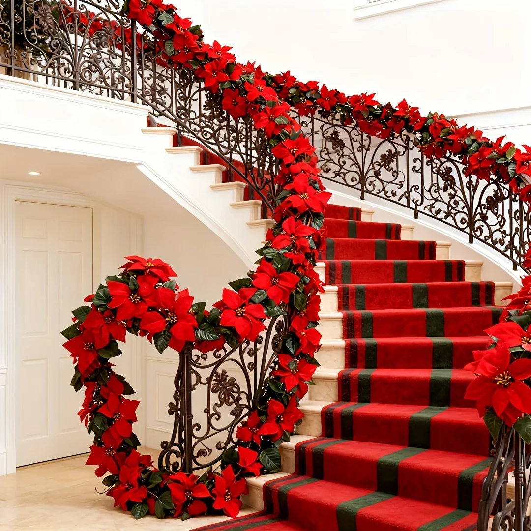 Plastic Artificial Poinsettia Wreath Large with Red Flowers and Green Leaves